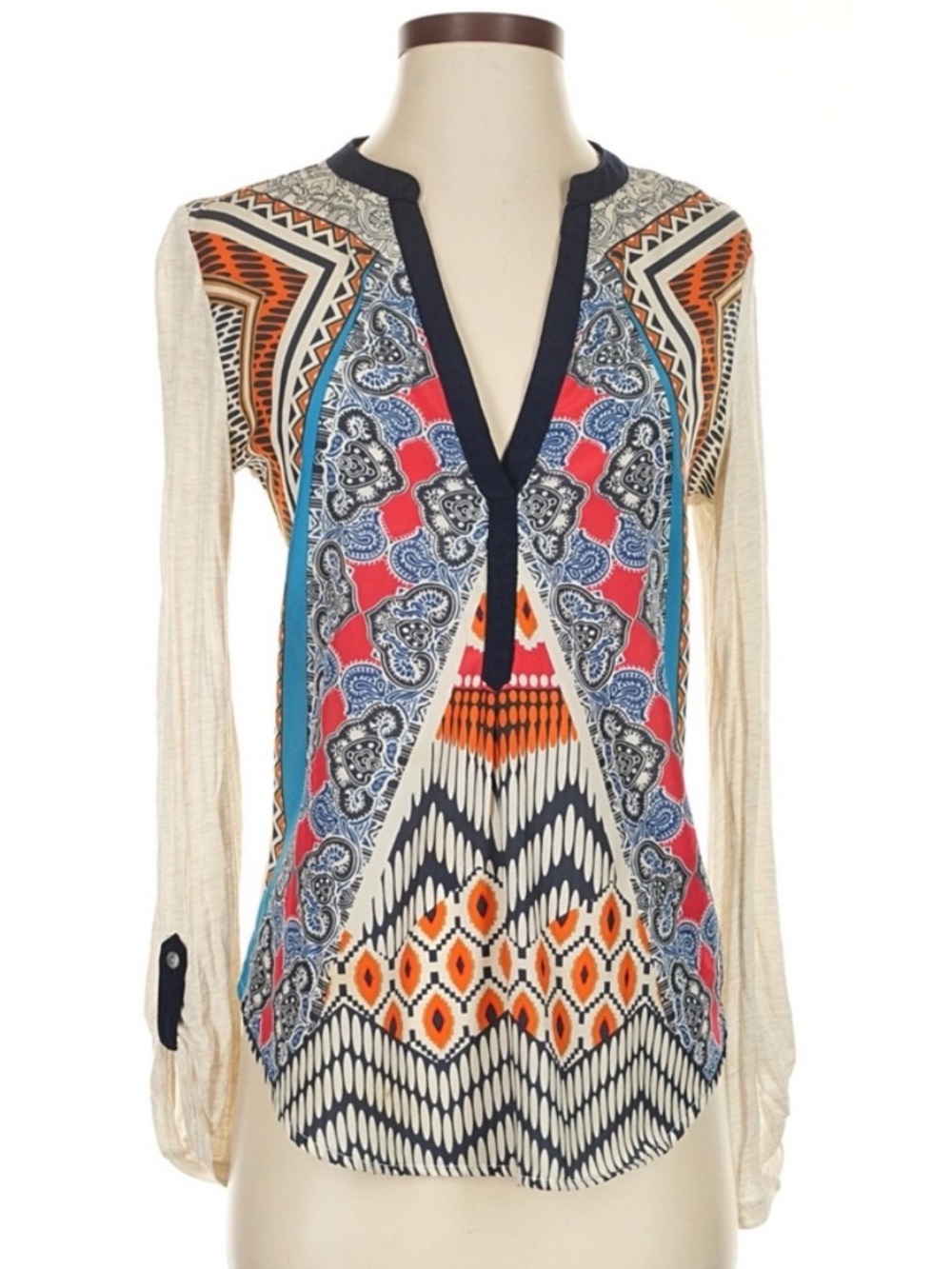 Anthropologie Tiny Geometric Tribal Print Henley Top Boho Casual Size S